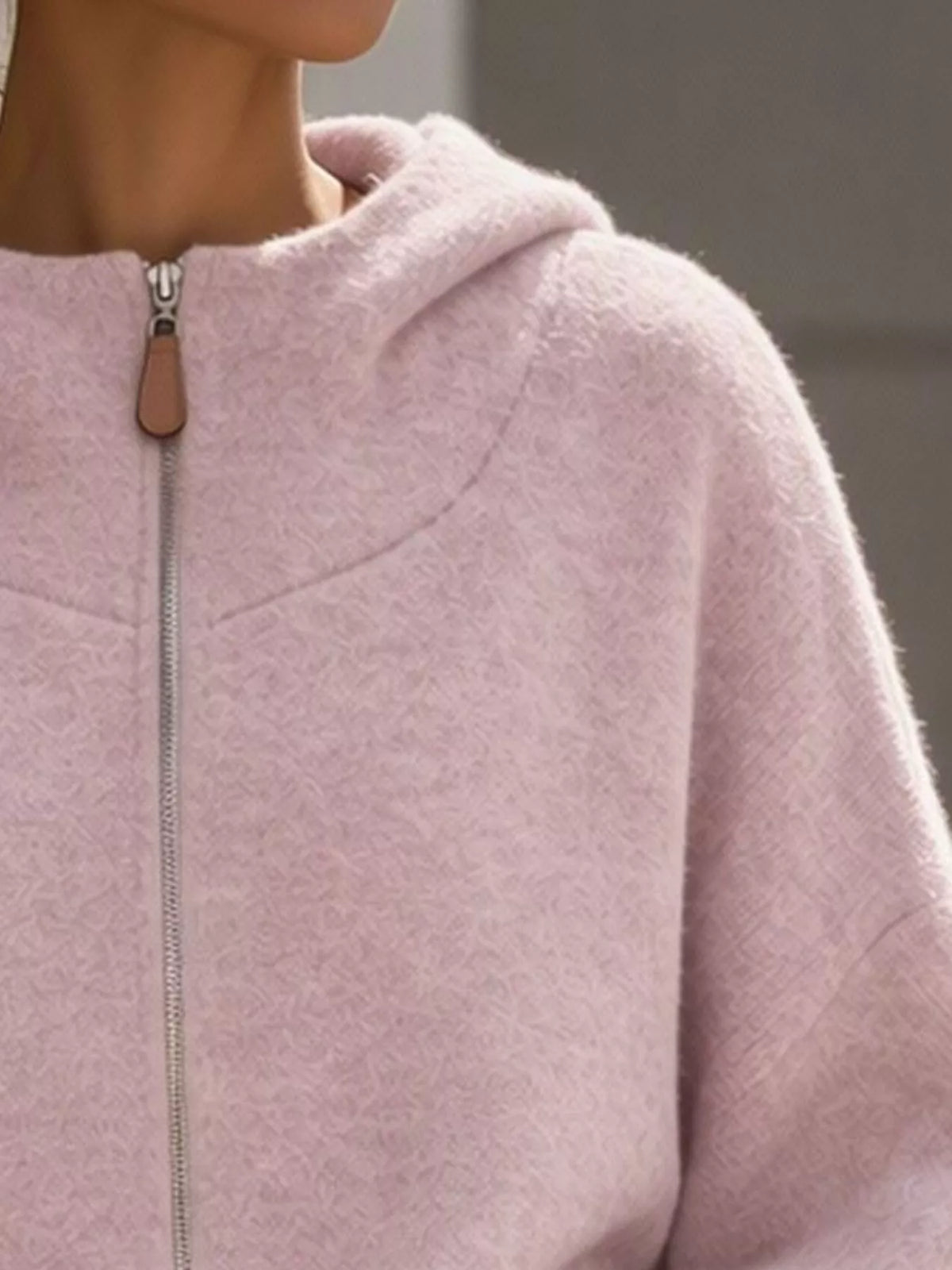 Blush Pink Contrast Denim Pockets Hooded Cardigan alternate view