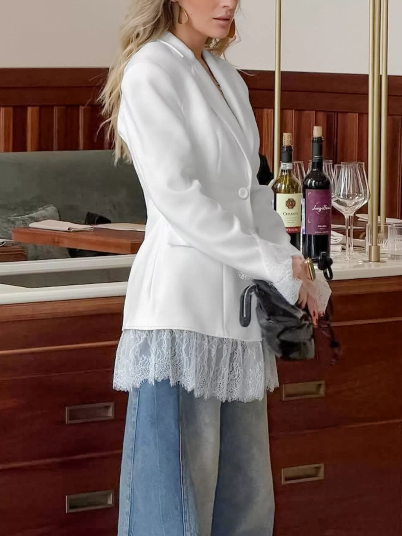 Trendsi Lace Hem Lapel Collar Blazer -