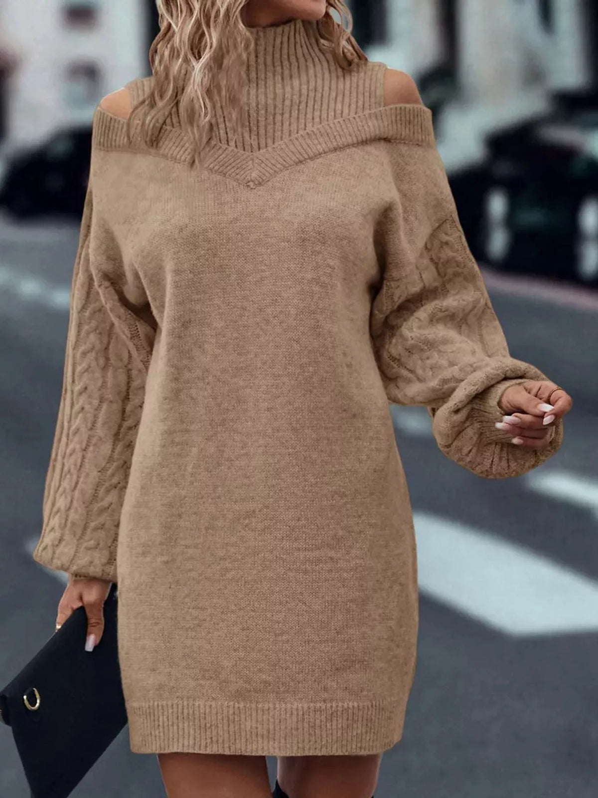 Beige cold shoulder cable knit mock neck sweater dress, front view