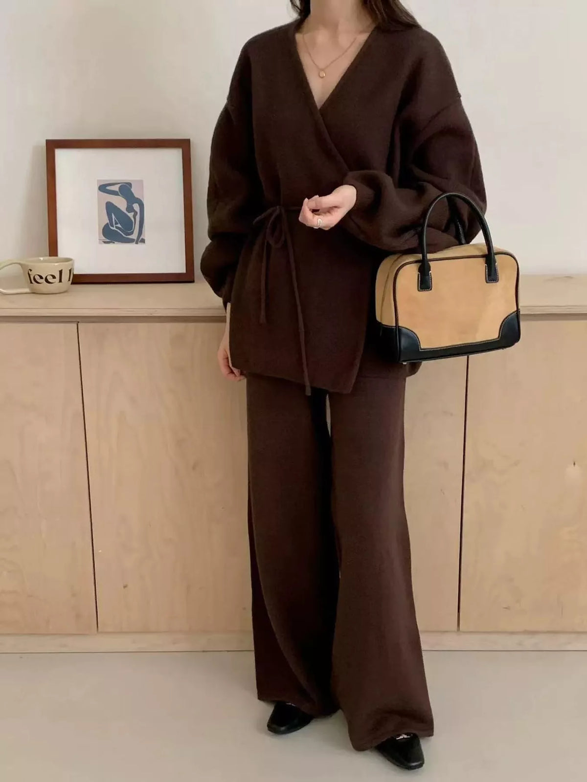 V-Neck Wrap Cardigan and Wide-Leg Pants Sweater Set in brown