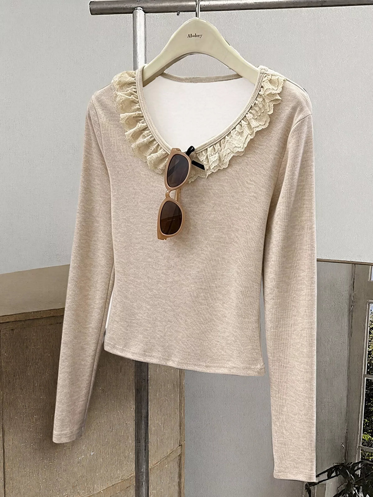 Oatmeal Color Lace Trim Long Sleeve T-Shirt close-up view