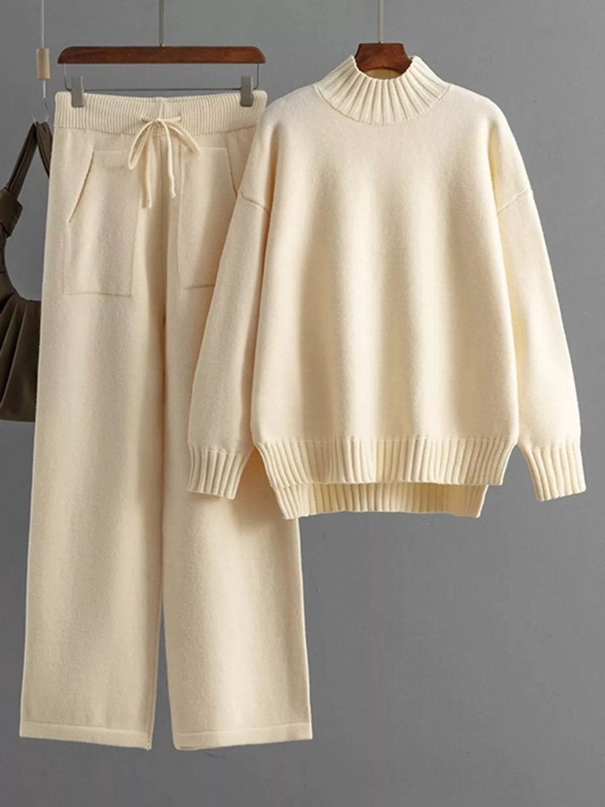 Mock Neck Sweater and Wide-Leg Pants Knit Set — garment front