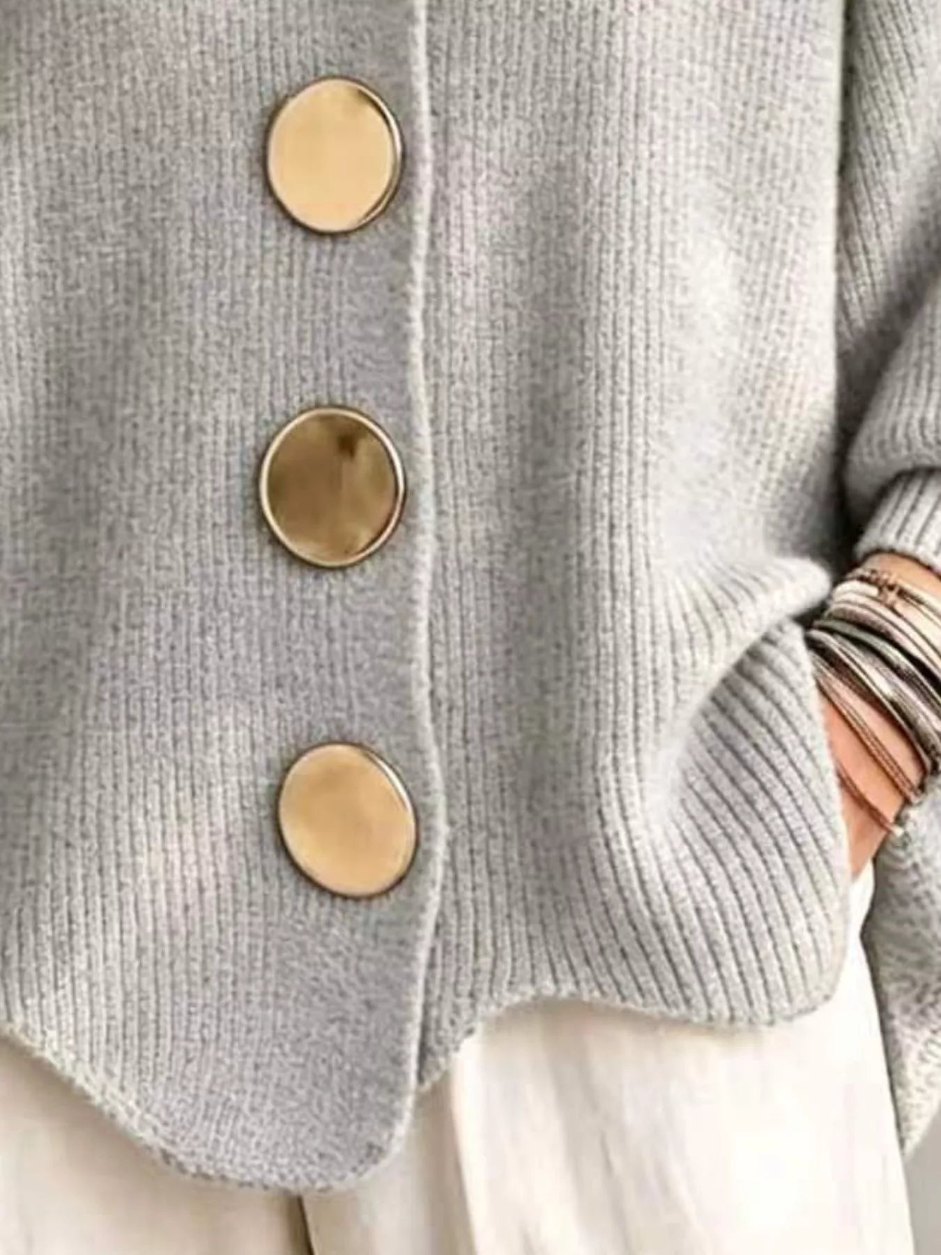 Trendsi Full Size Gold Buttons Lantern Sleeve Cardigan Plus Size -