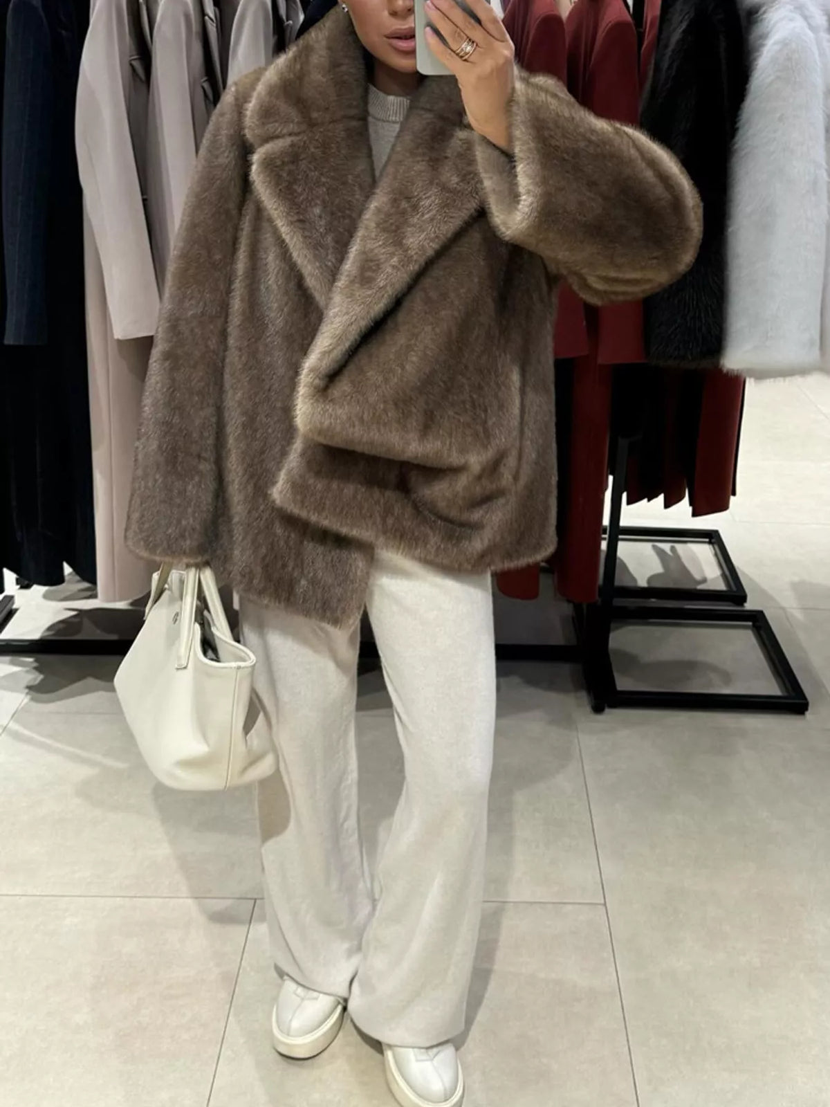 Faux Fur Open Front Coat in taupe
