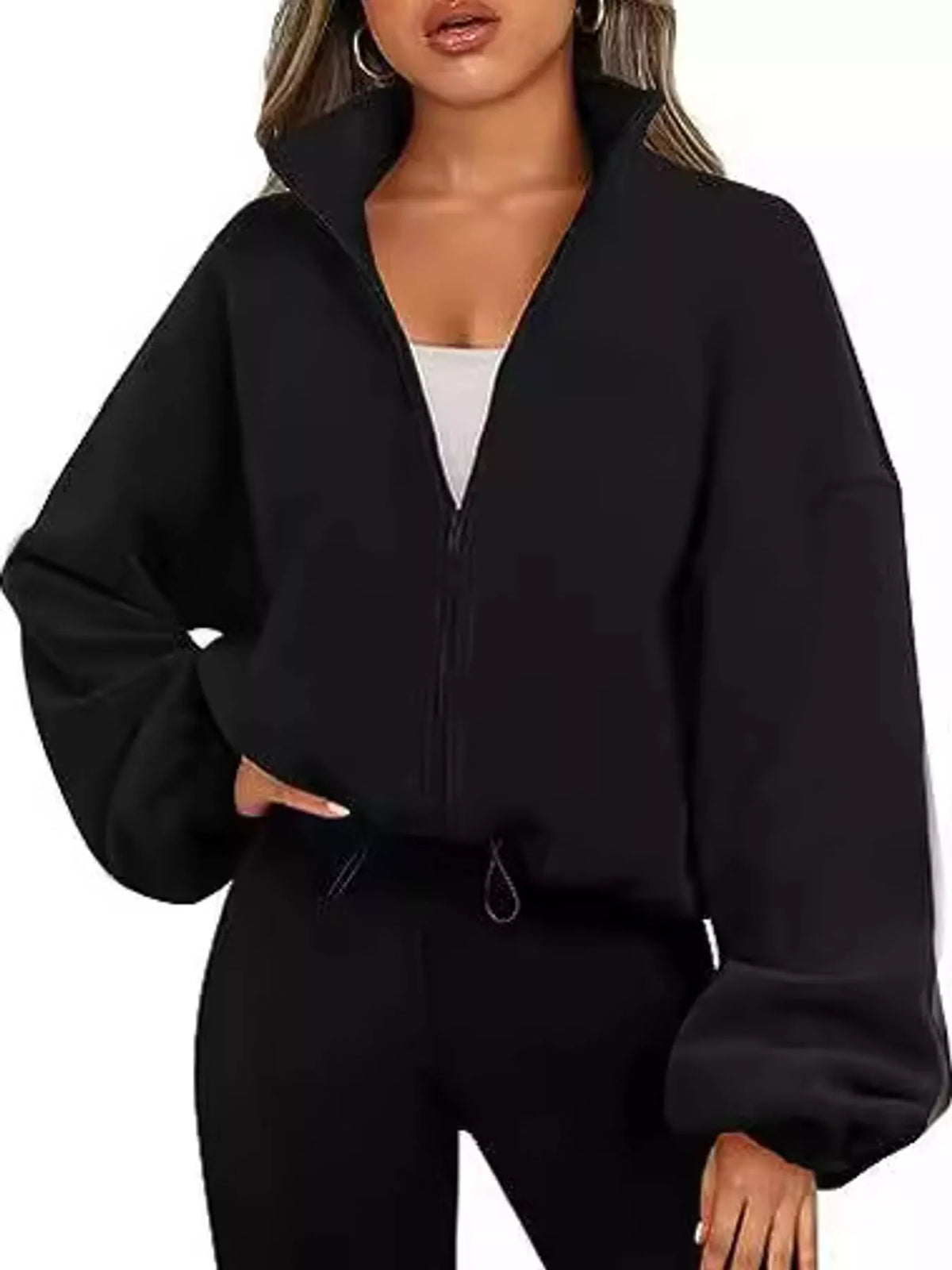 Black drawstring hem zip-up jacket