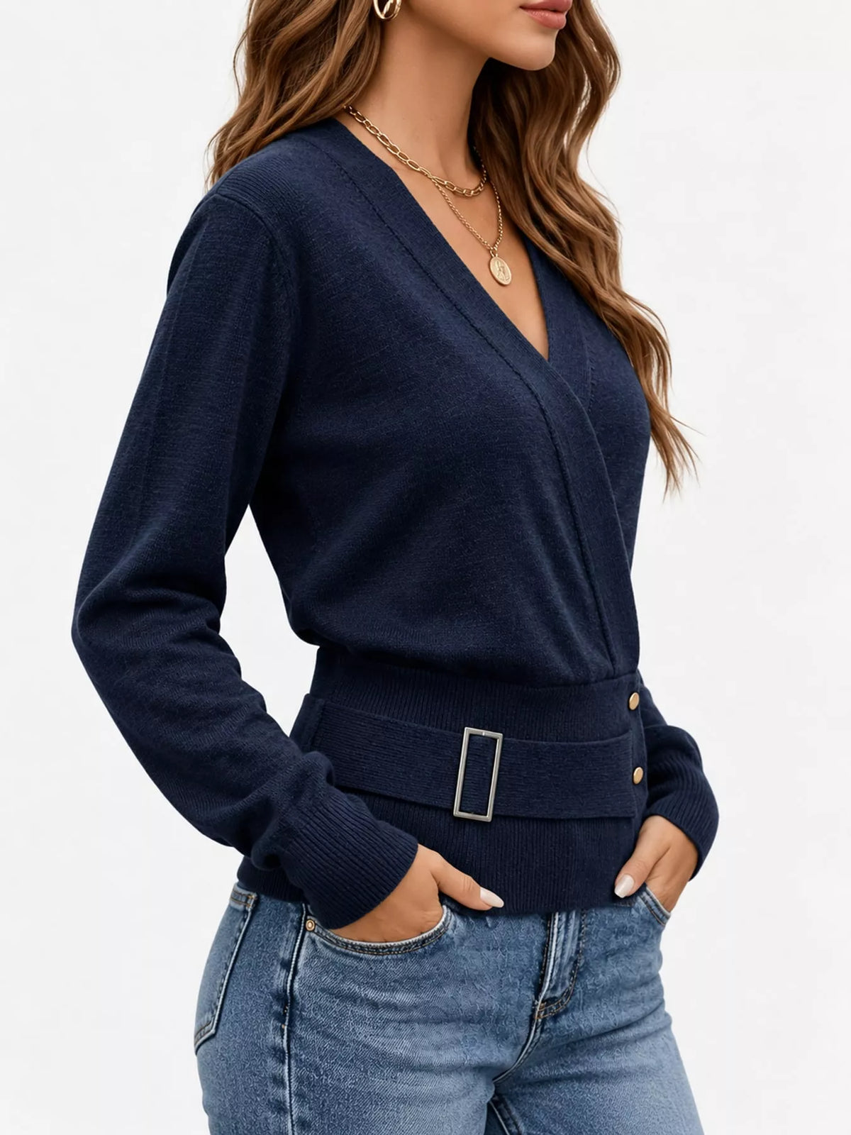 Surplice knit top, navy side