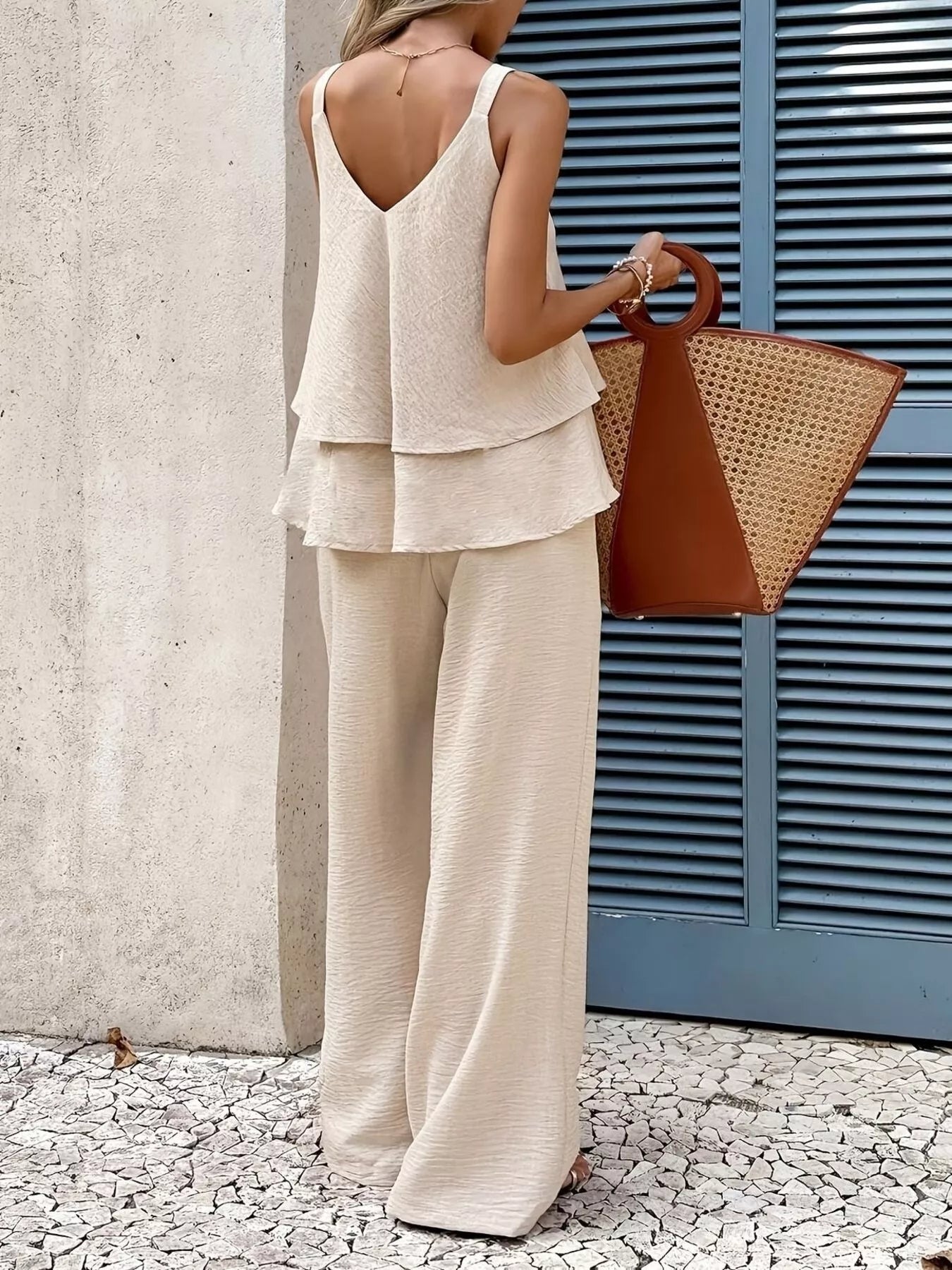 Trendsi V-Neck Top and Wide-Leg Pants Set -