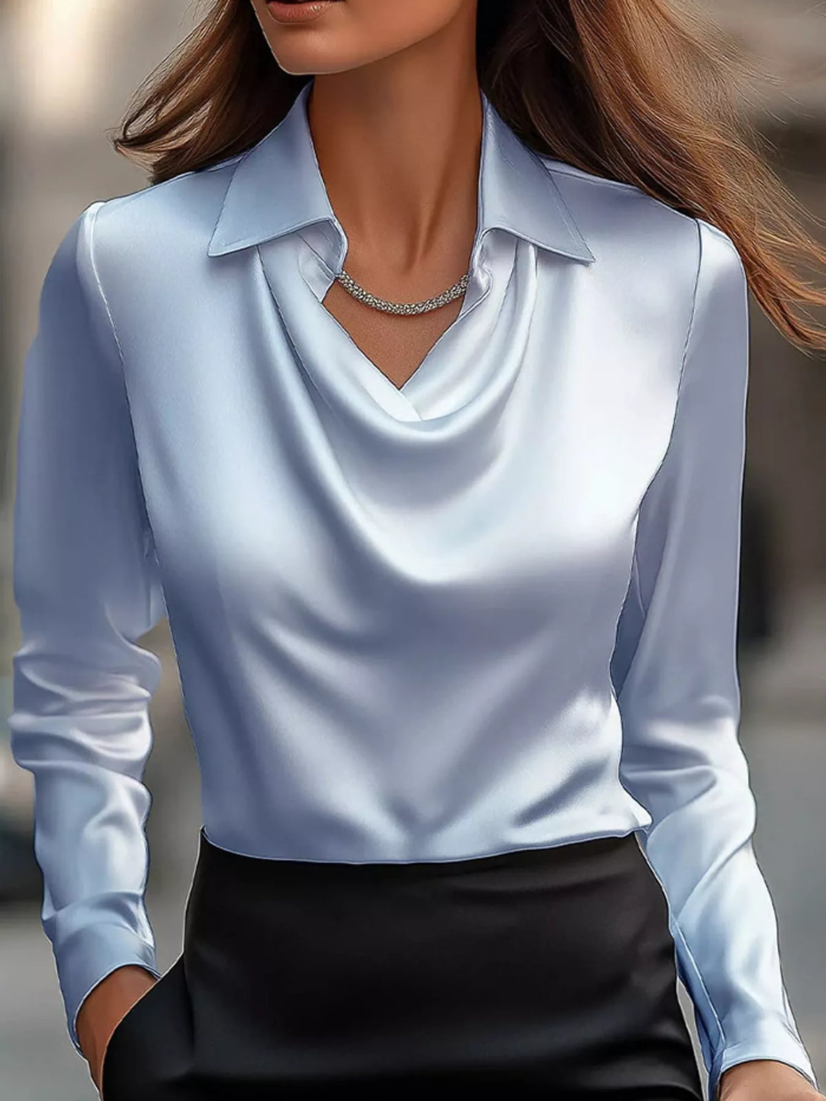 Blue satin cowl neck blouse
