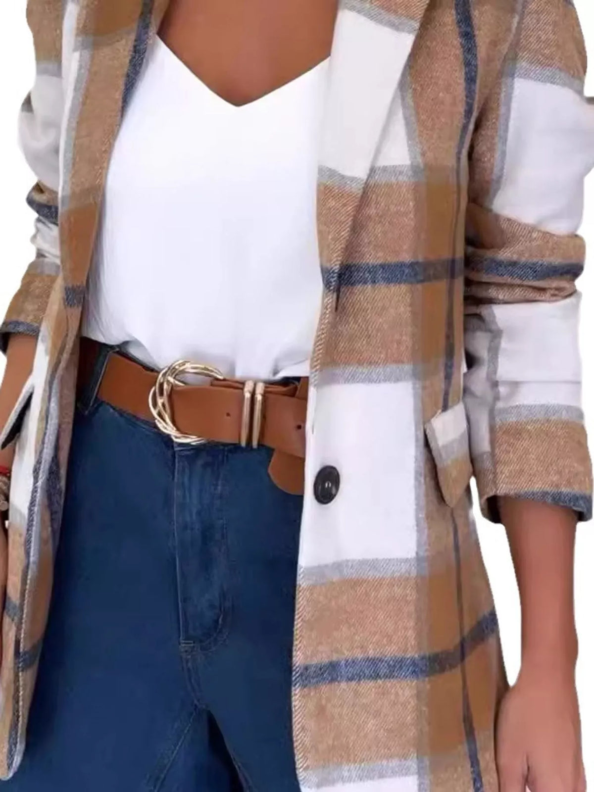 Classic Plaid Print Long Sleeve Blazer, detail view in camel