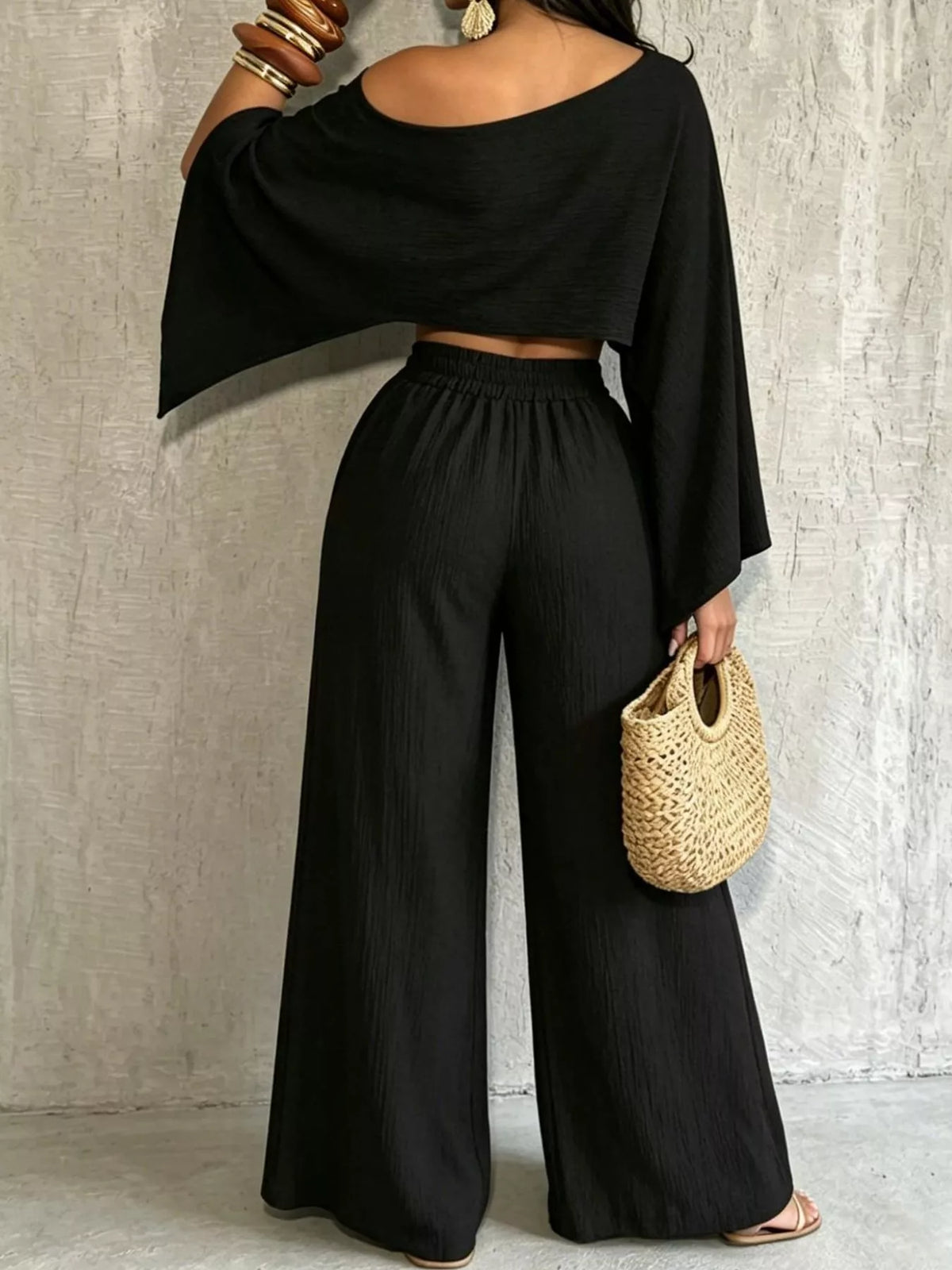 Women's Boat Neck Crop Top and Wide-Leg Pants Set in black — front view