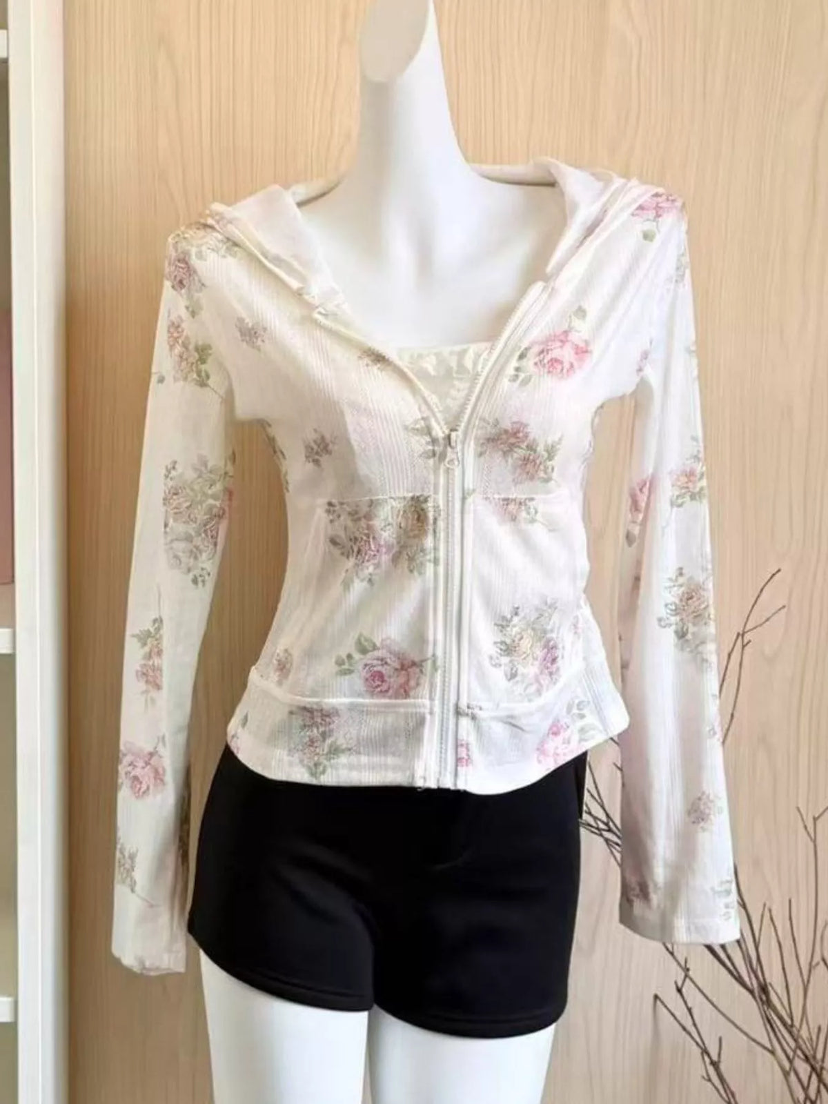 White floral print zip-up knit hoodie