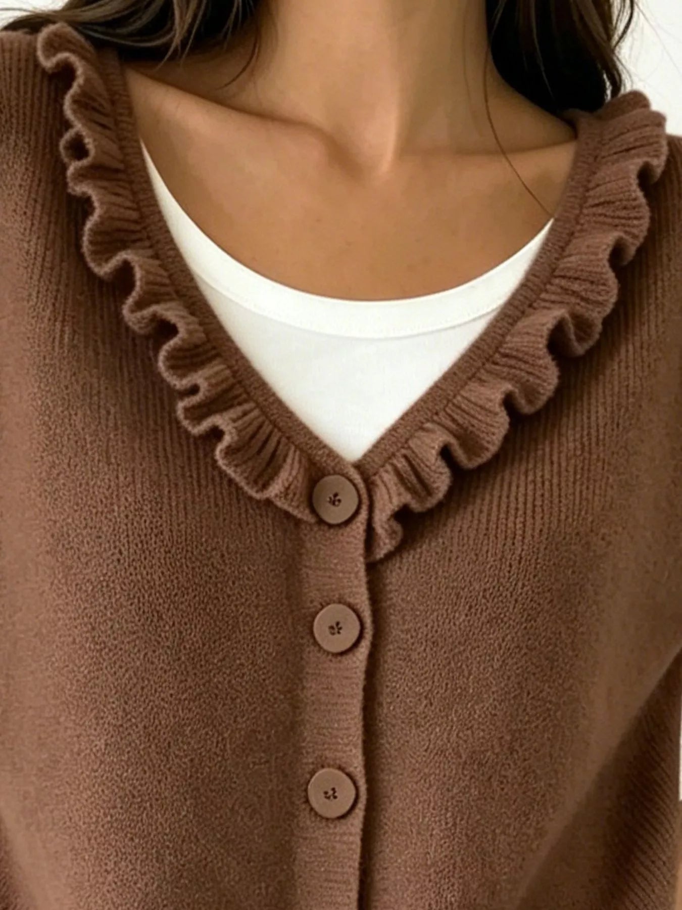 Trendsi Ruffled Neckline Button-Up Cardigan -