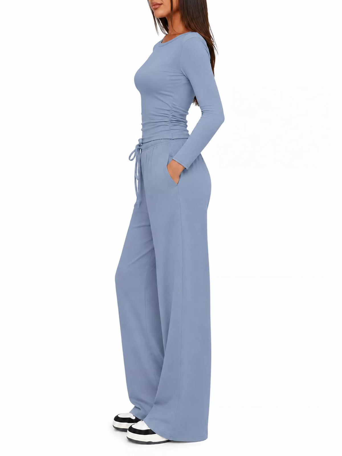 Long Sleeve Top and Wide-Leg Drawstring Pants Set — side view