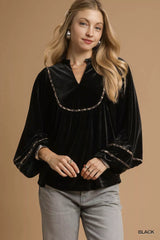 Trendsi Umgee Velvet Long Sleeve Blouse with Contrast Trim -
