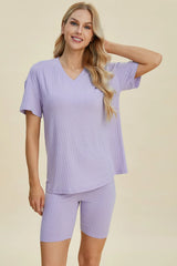 Trendsi Basic Bae Full Size Ribbed V-Neck Short Sleeve Top and Shorts Set -
