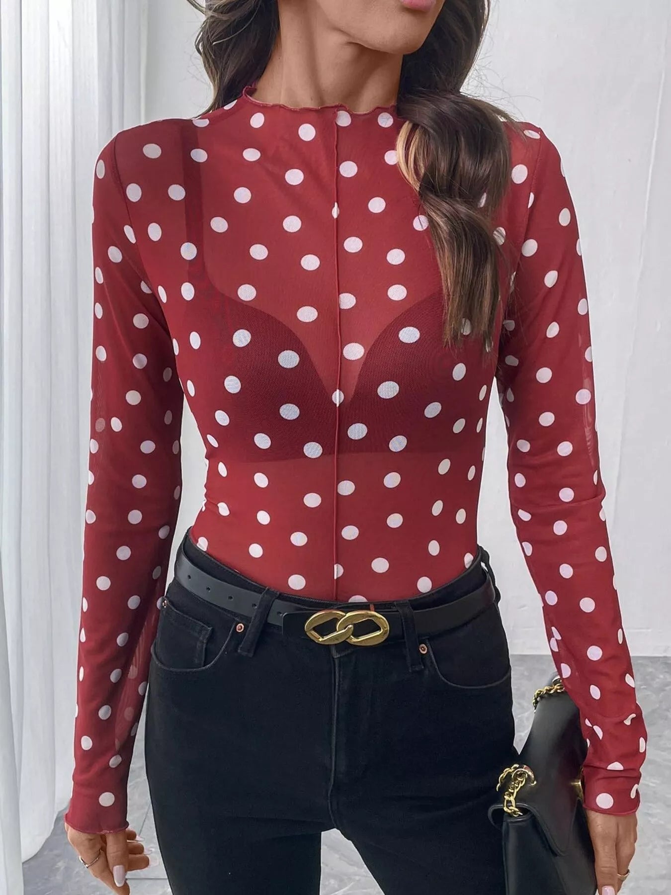 Trendsi Sheer Polka Dot Long Sleeve Mock Neck Top -
