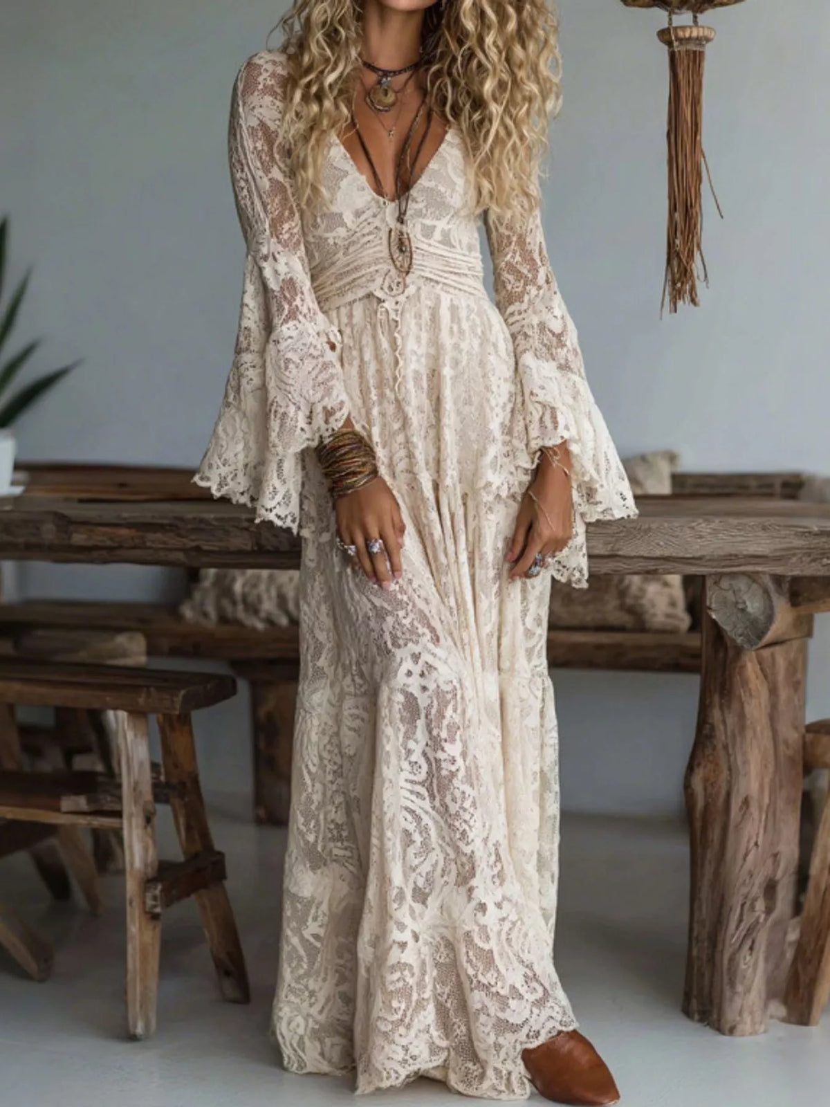 Lace maxi dress, cream front