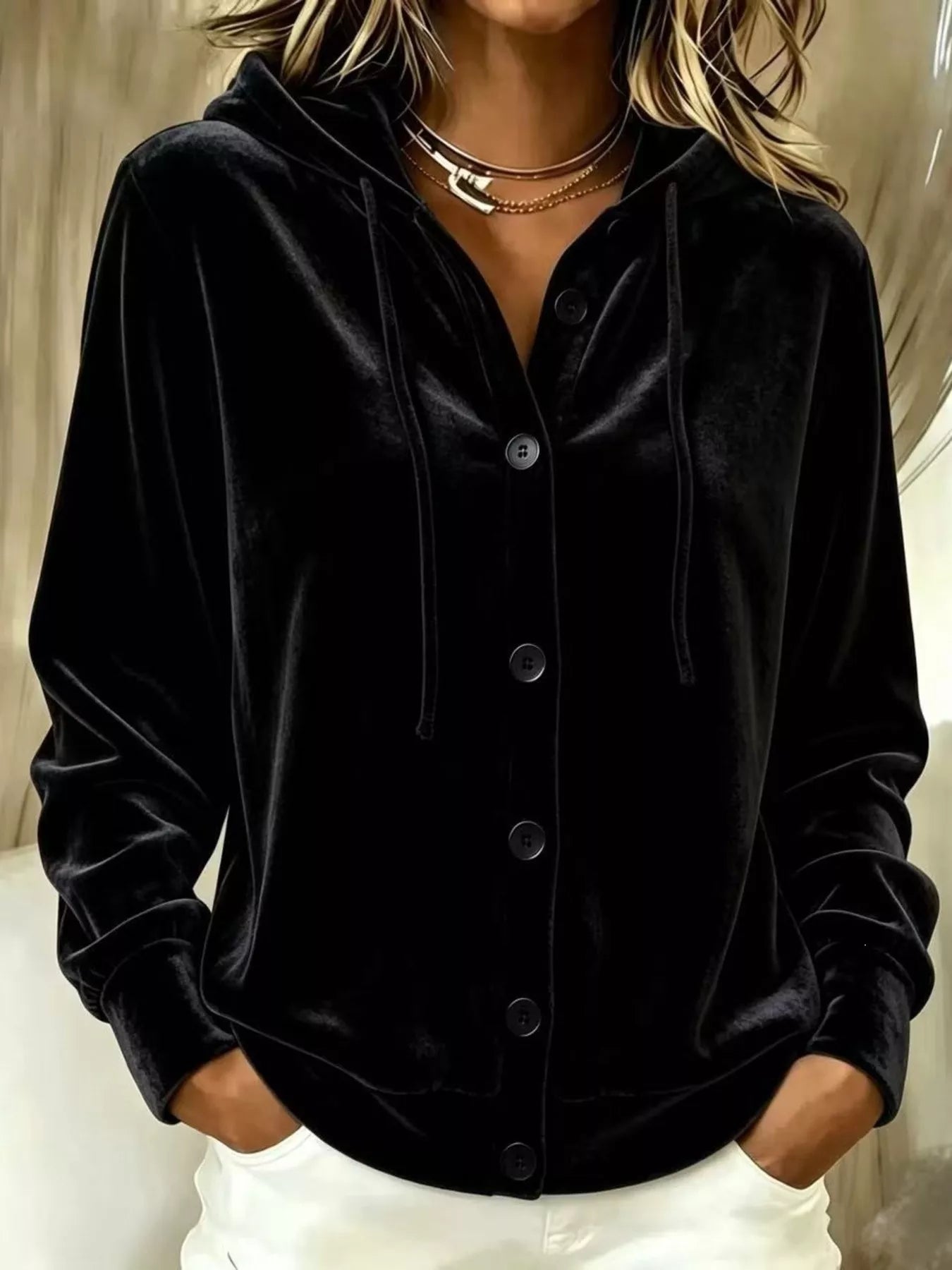 Trendsi Full Size Velvet Button-Down Hooded Outerwear Plus Size -