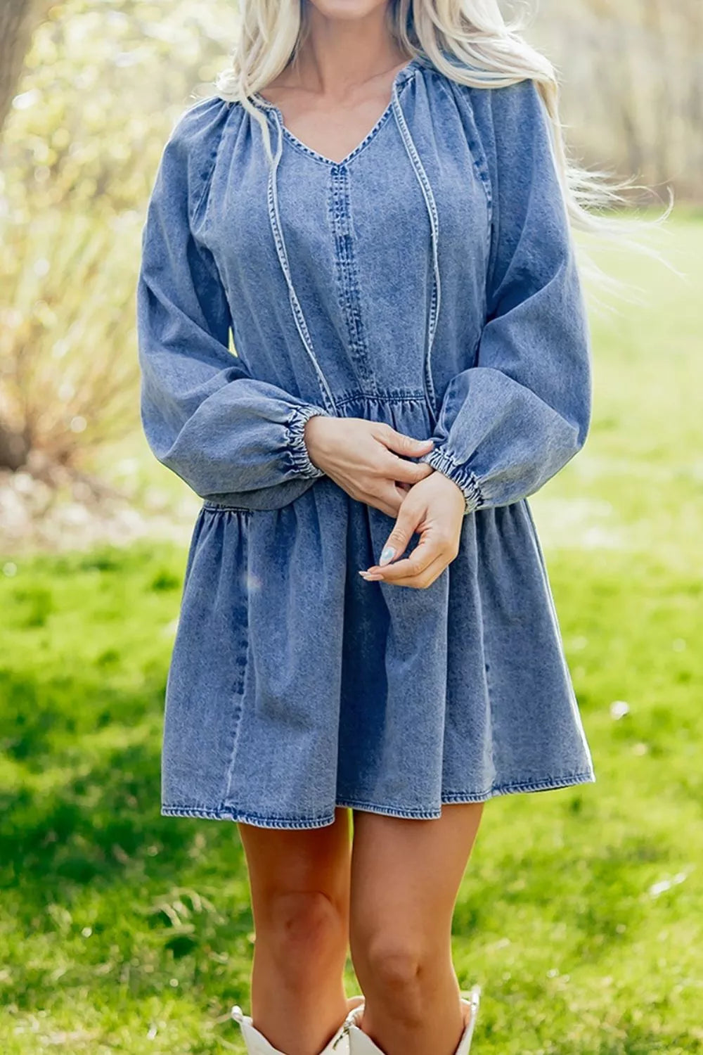 Trendsi Puff Sleeve V Neck Ruffled Loose Denim Mini Dress -