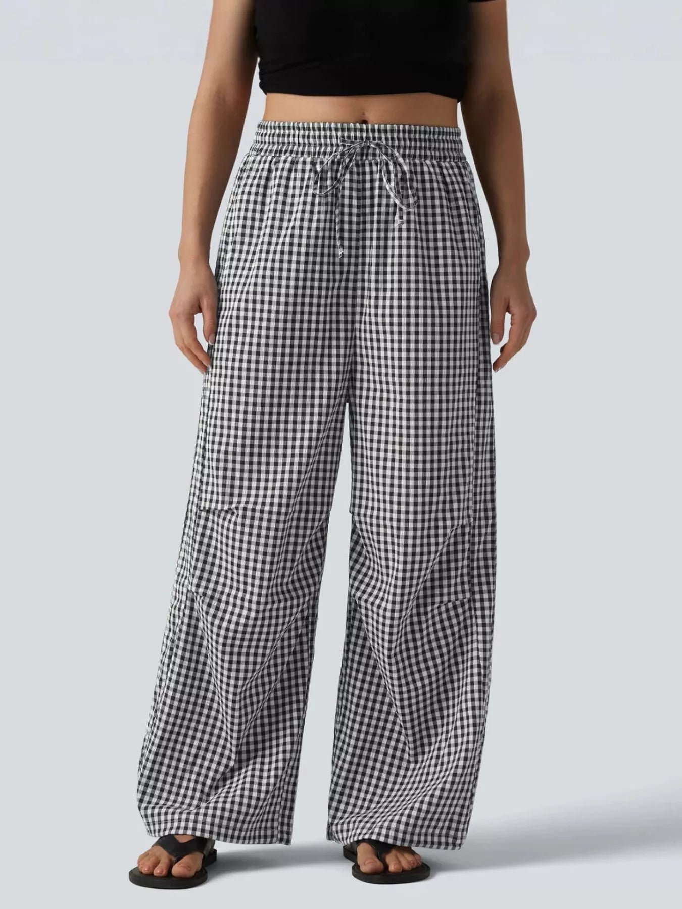 Trendsi High-Waisted Gingham Wide-Leg Drawstring Pants -