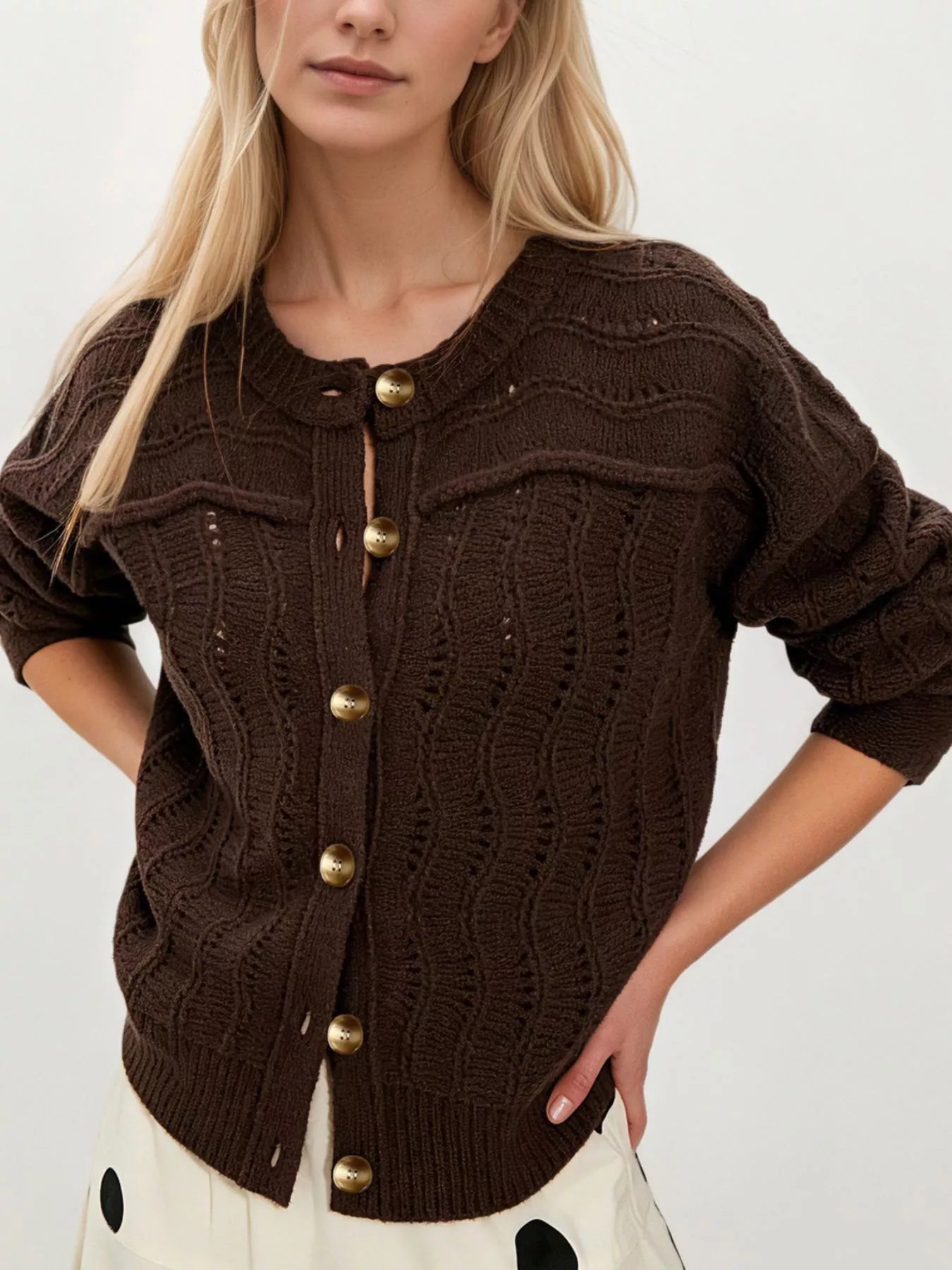 Trendsi Openwork Button-Down Knit Cardigan -