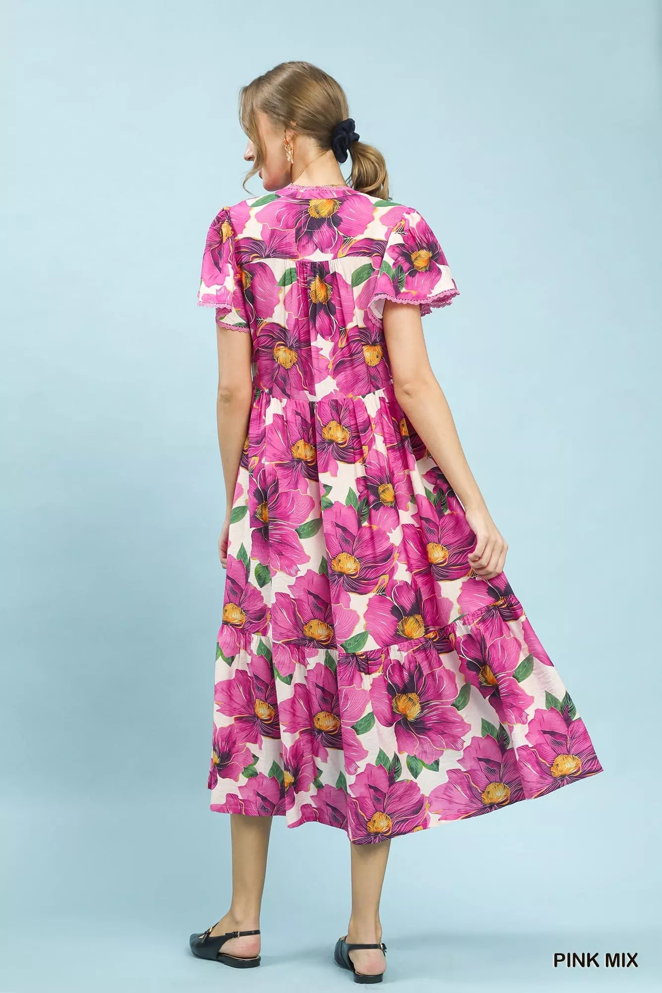 Women's Tropical Floral Flutter Sleeve Tiered Midi Dress — product view 3