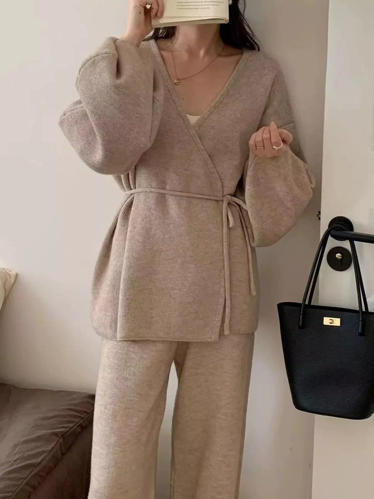 V-Neck Wrap Cardigan and Wide-Leg Pants Sweater Set in taupe