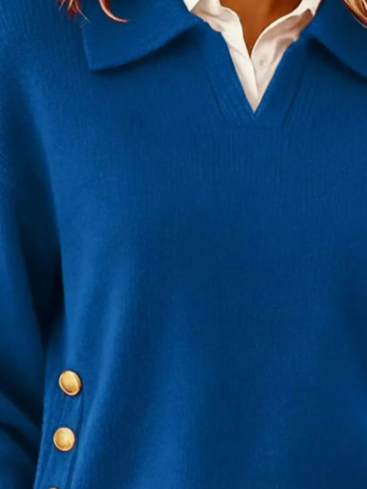 Women's Decorative Button Dropped Shoulder Sweater in Blue, alternate view