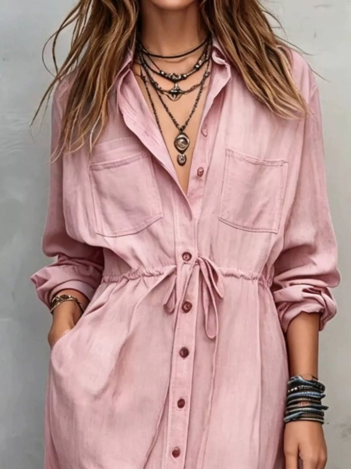 Dusty Pink Button-Front Long Sleeve Maxi Shirt Dress button-front and drawstring-waist detail