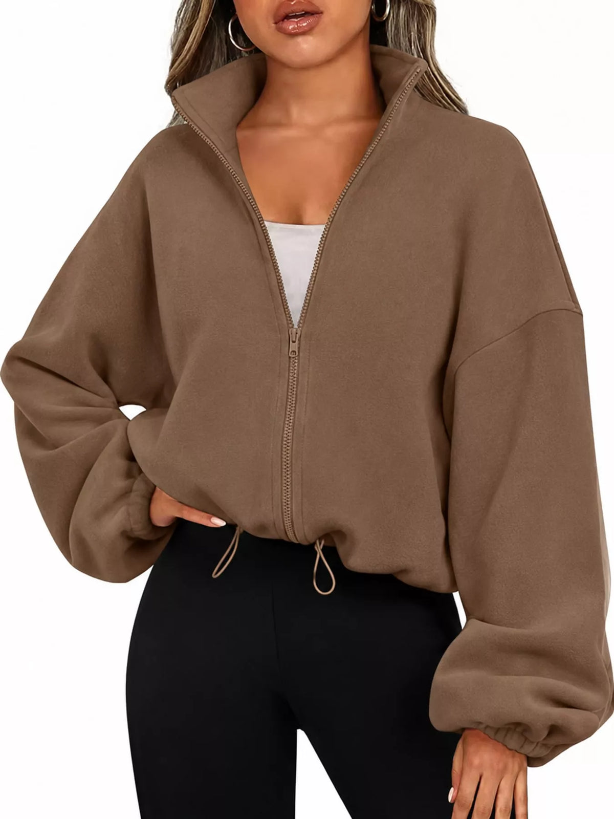 Taupe drawstring hem zip-up jacket