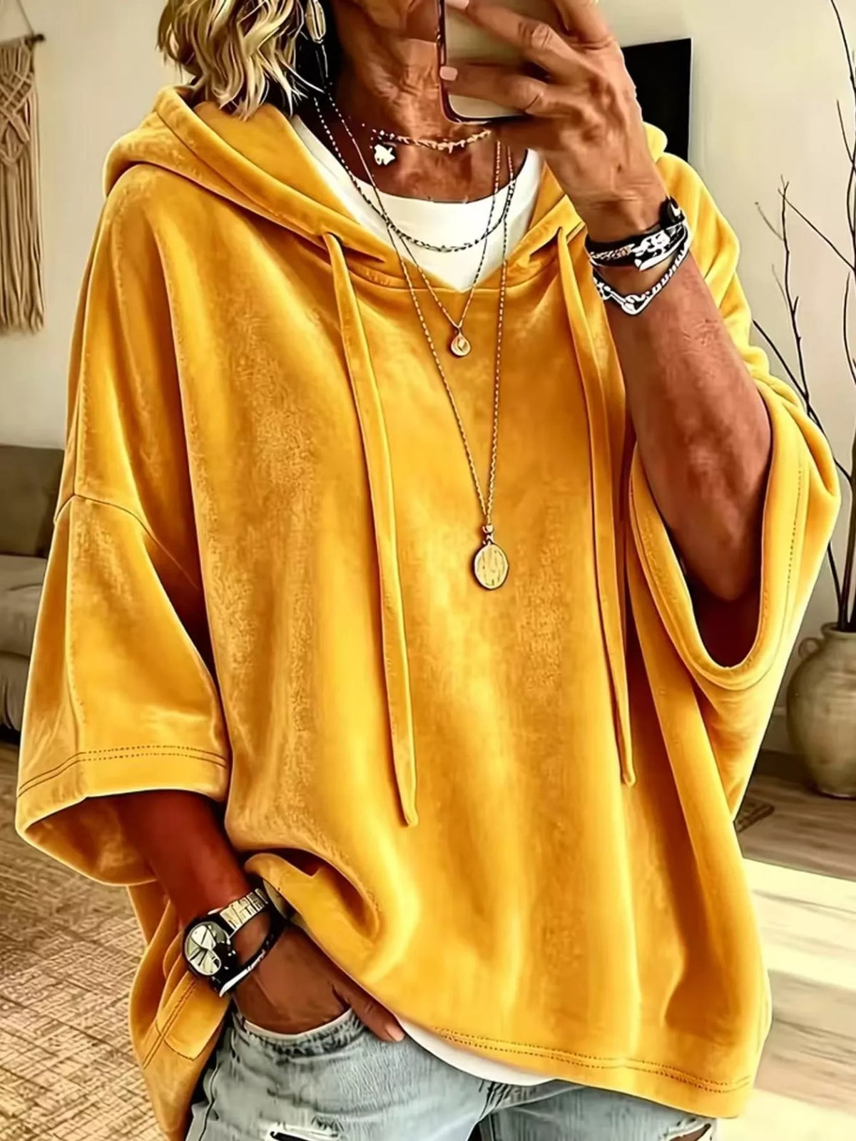 Yellow velvet half sleeve hoodie with drawstring