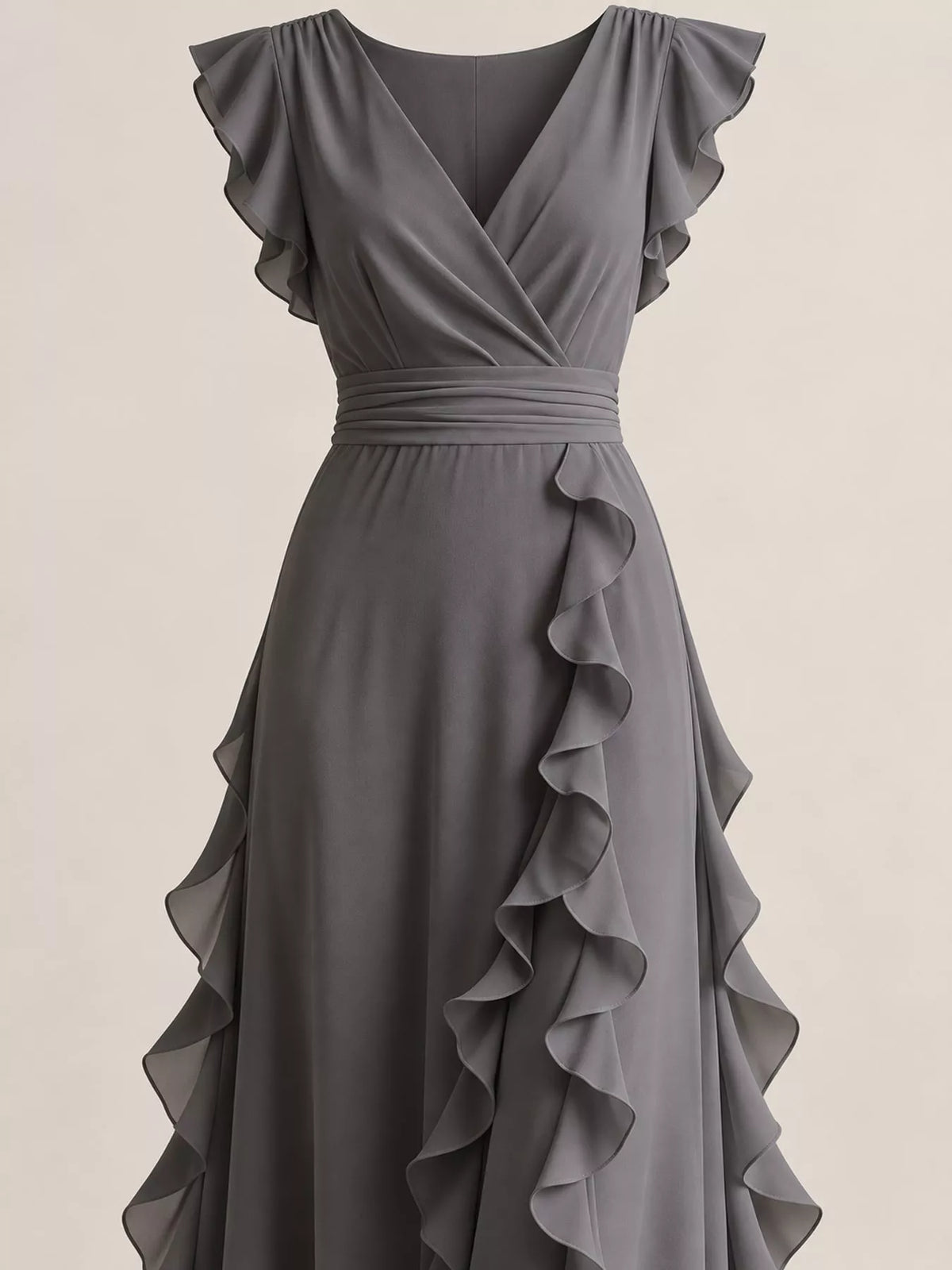 Gray ruffled surplice maxi dress, surplice bodice and ruffles