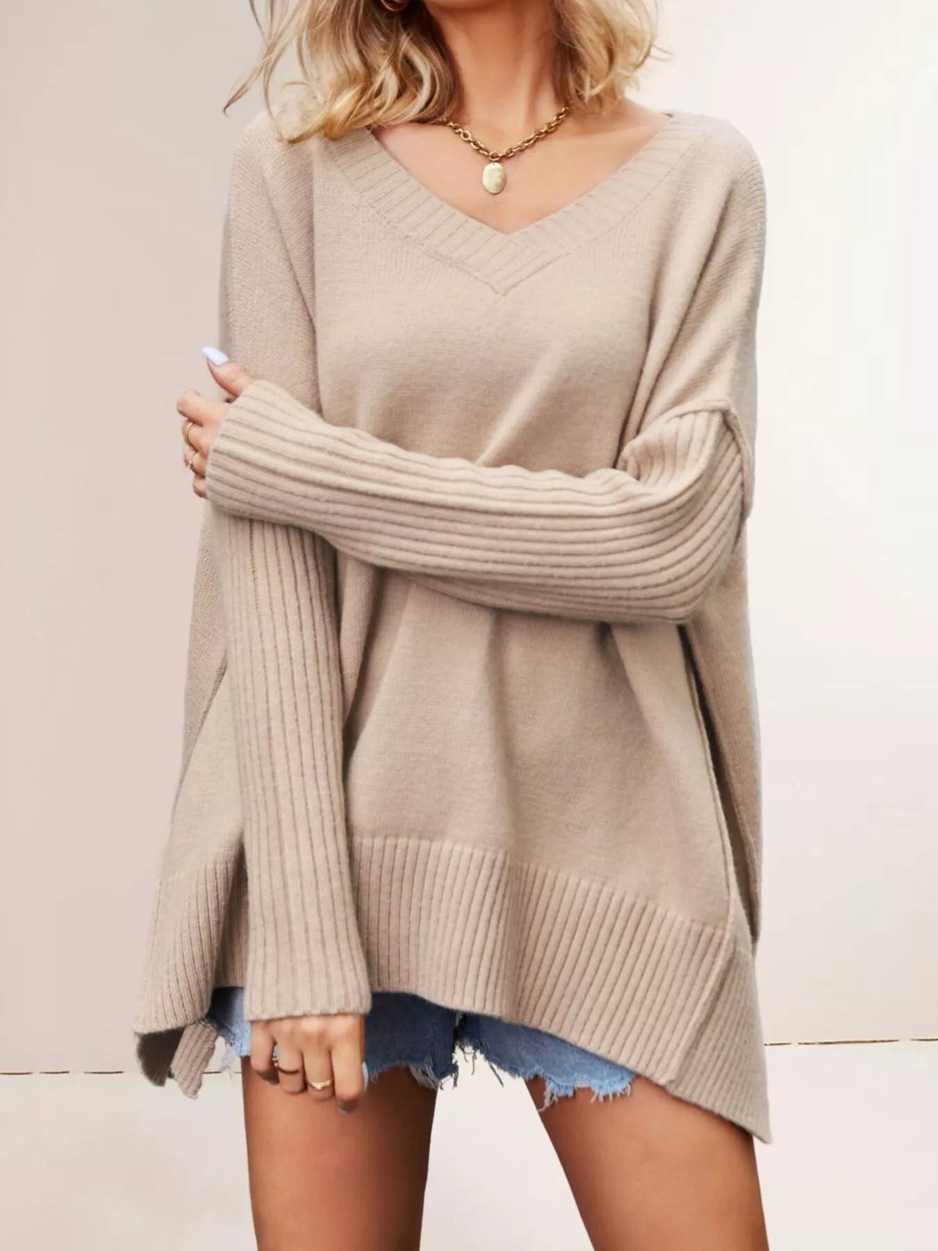 Trendsi V-Neck Ribbed Sleeve Sweater -