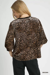 Trendsi Umgee Leopard Round Neck Three-Quarter Sleeve Blouse - Shirts