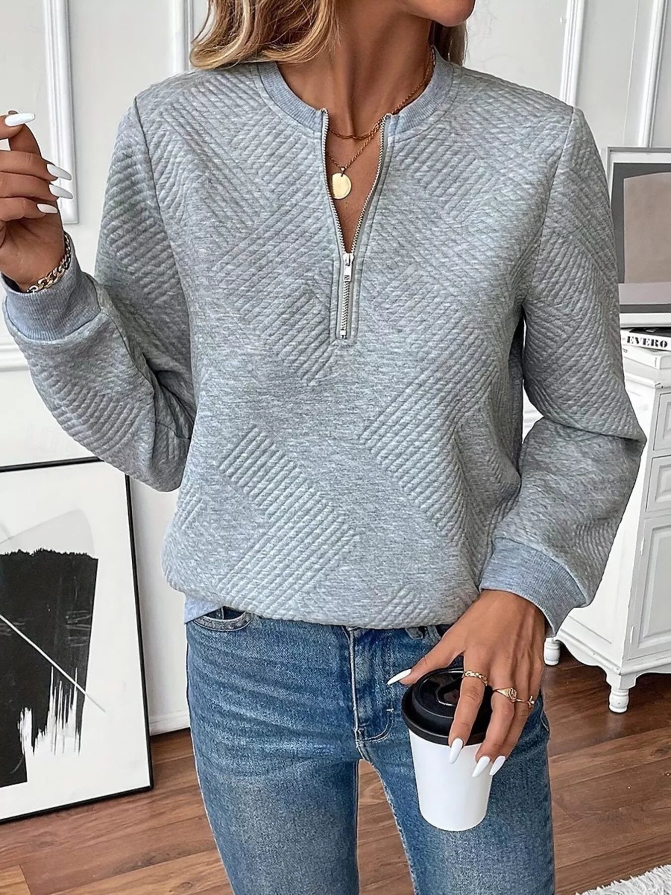 Trendsi Textured Quarter-Zip Sweatshirt -