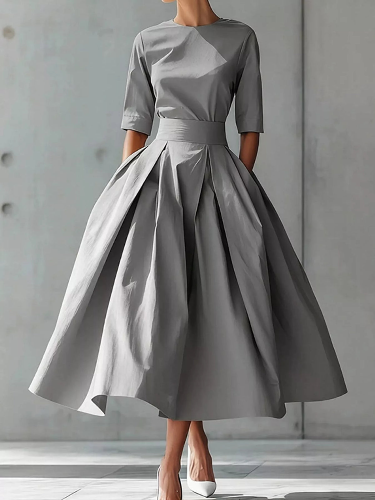 Round neck short sleeve midi dress, front view on model