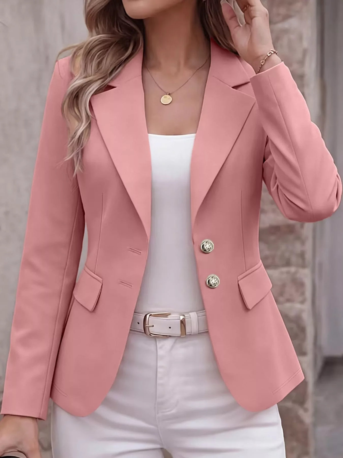 Collared long sleeve blazer, front view on model