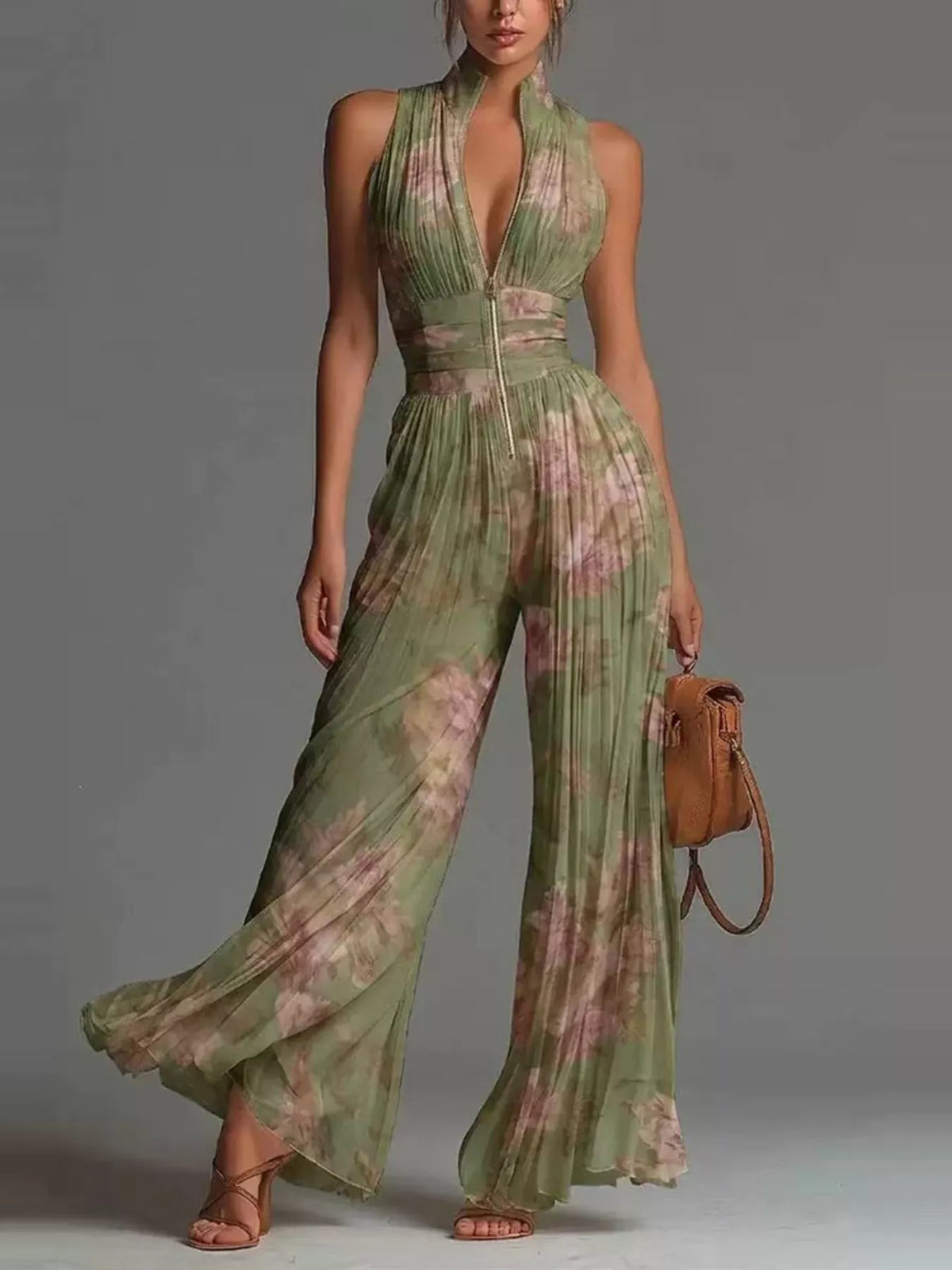 Trendsi Sleeveless Pleated Wide-Leg Jumpsuit with Front Zipper -