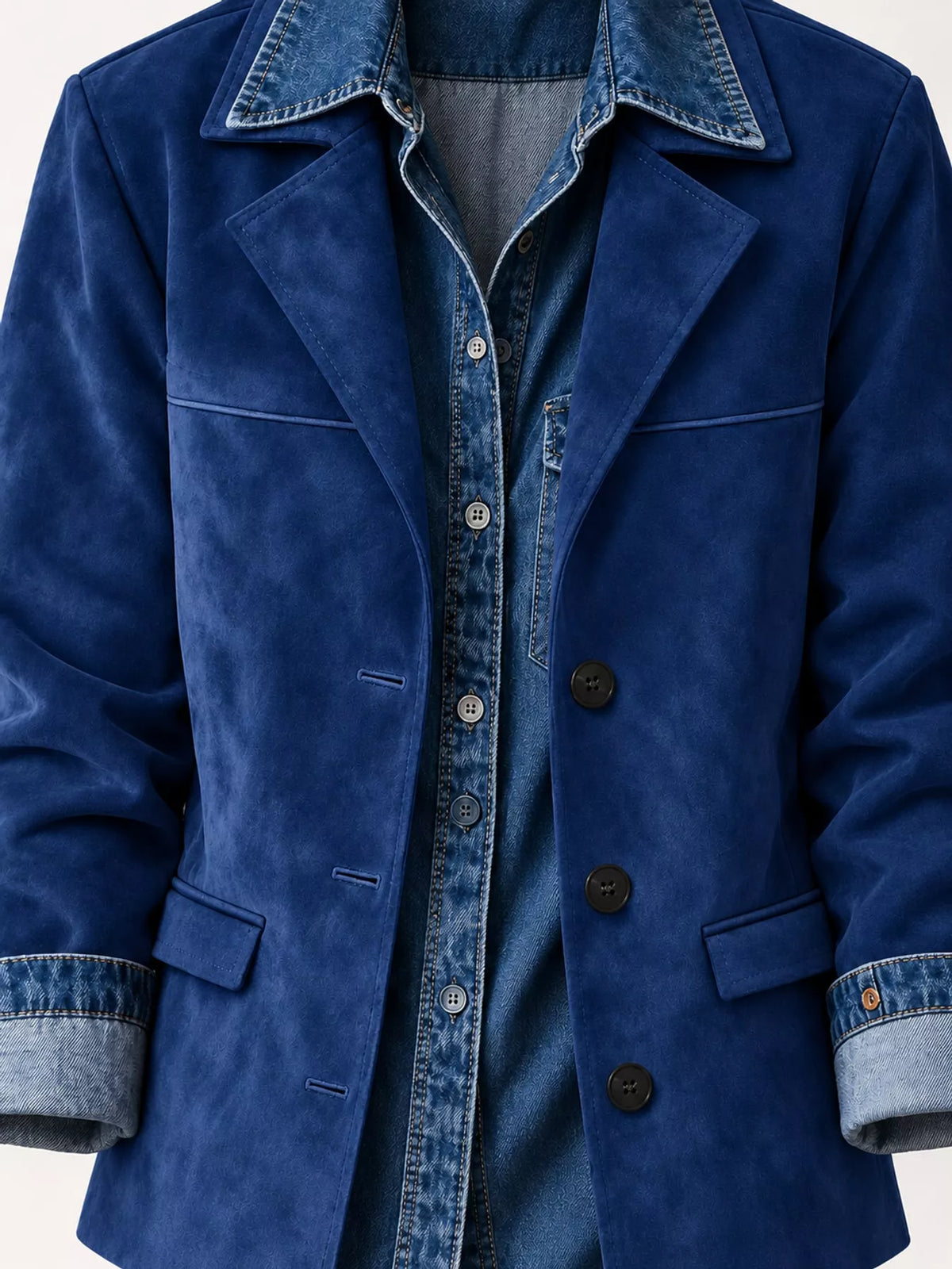 Blue lapel collar button-up blazer — design and construction details