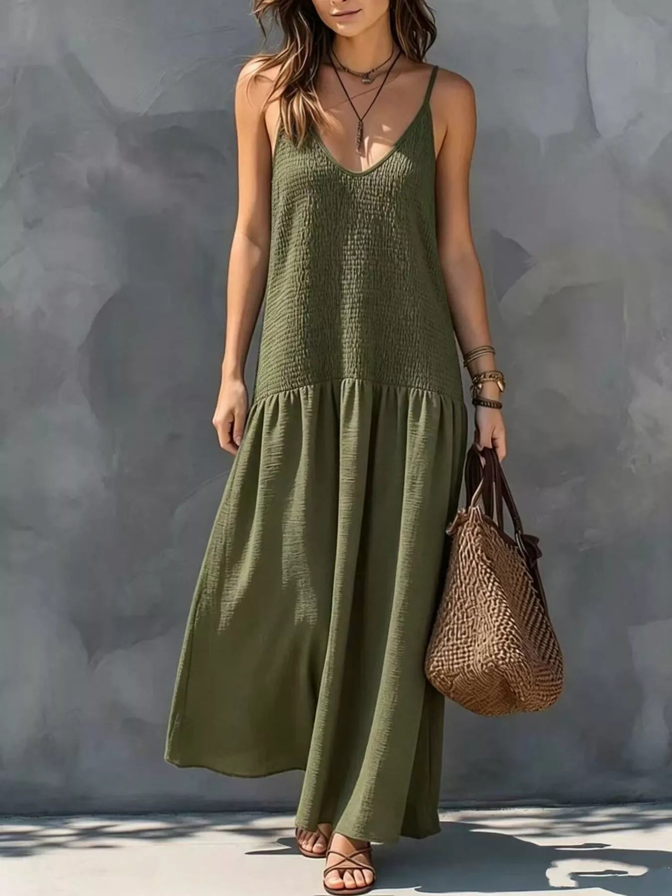 Trendsi Sleeveless Smocked V-Neck Casual Maxi Dress -