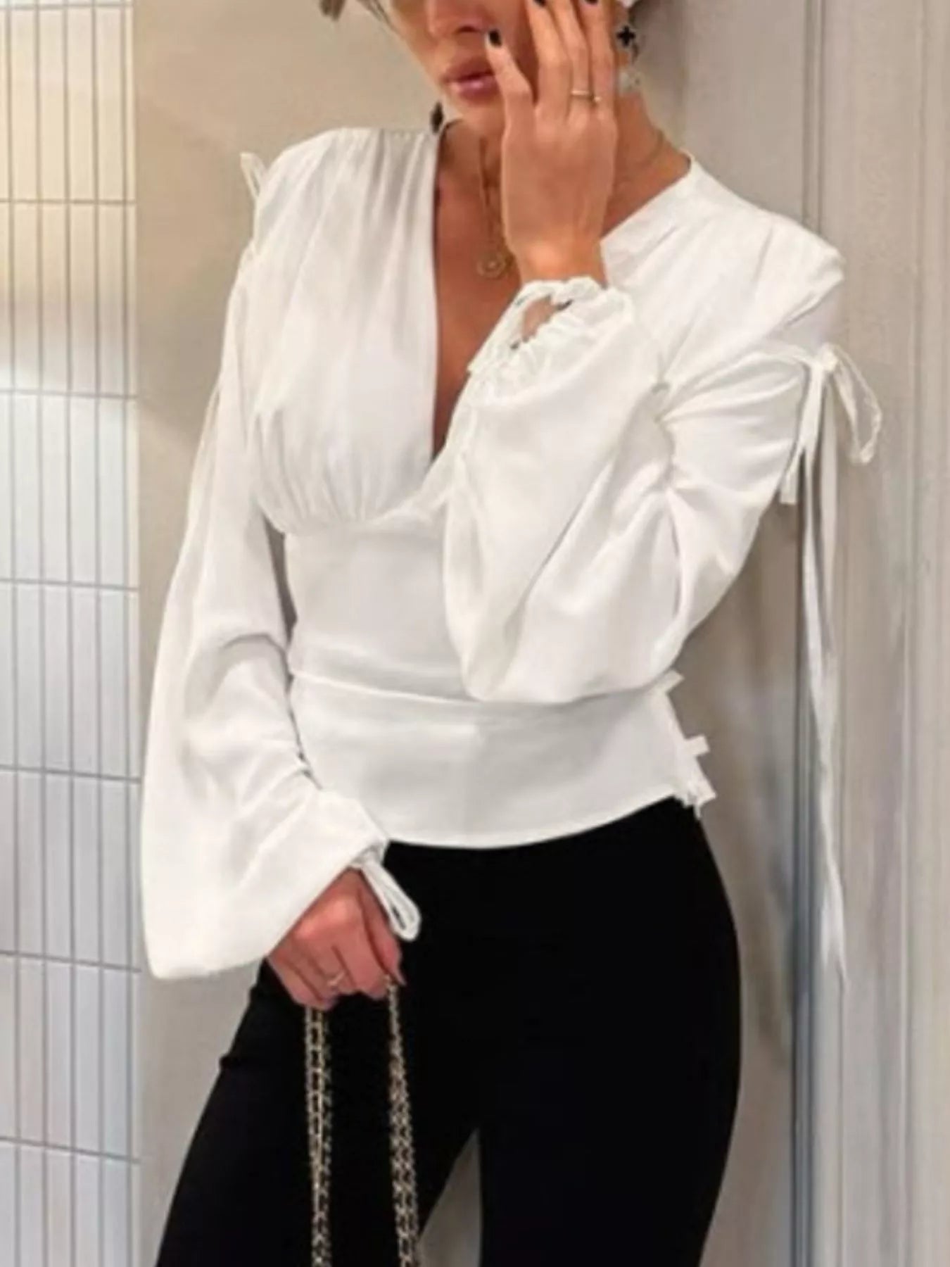 Trendsi Tied V-Neck Balloon Sleeve Blouse -