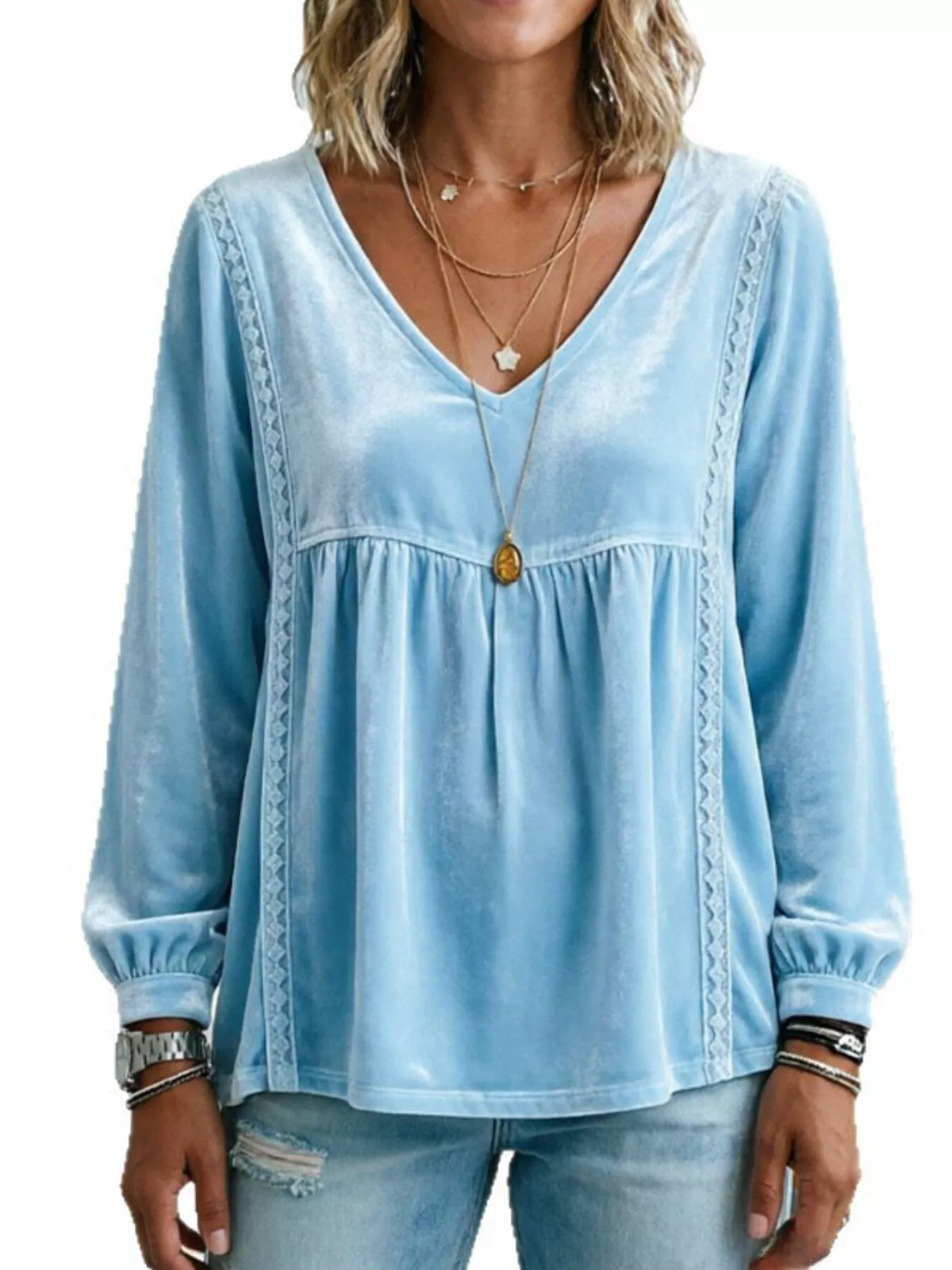 Women's V-Neck Long-Sleeve Velvet Blouse with Lace Trim — alternate view 30