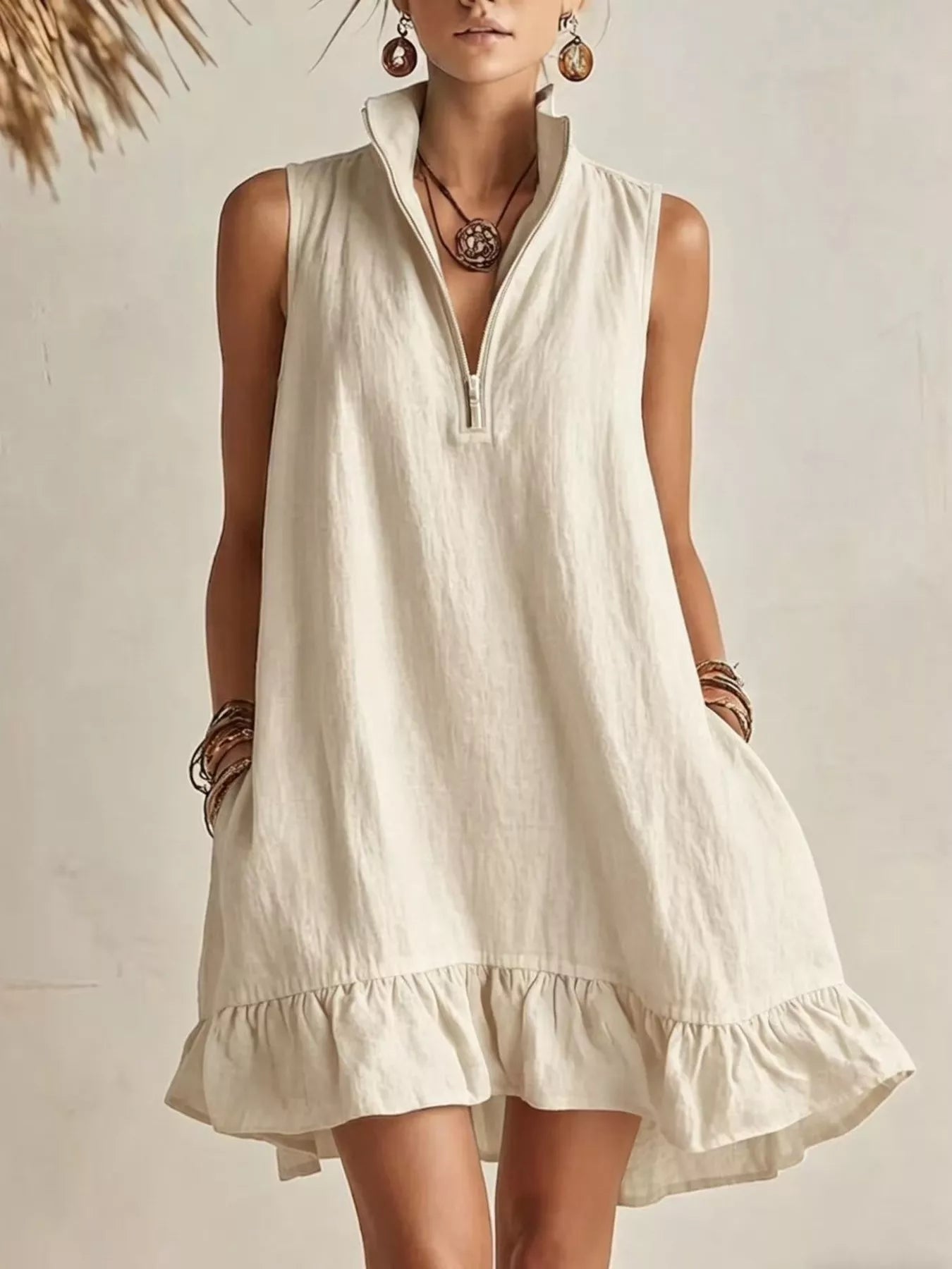 Trendsi Sleeveless Zipper-Neck Ruffle Hem Mini Dress -