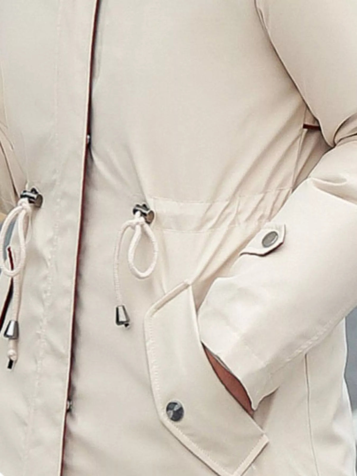 Faux-fur-trim parka, ivory drawstring pocket