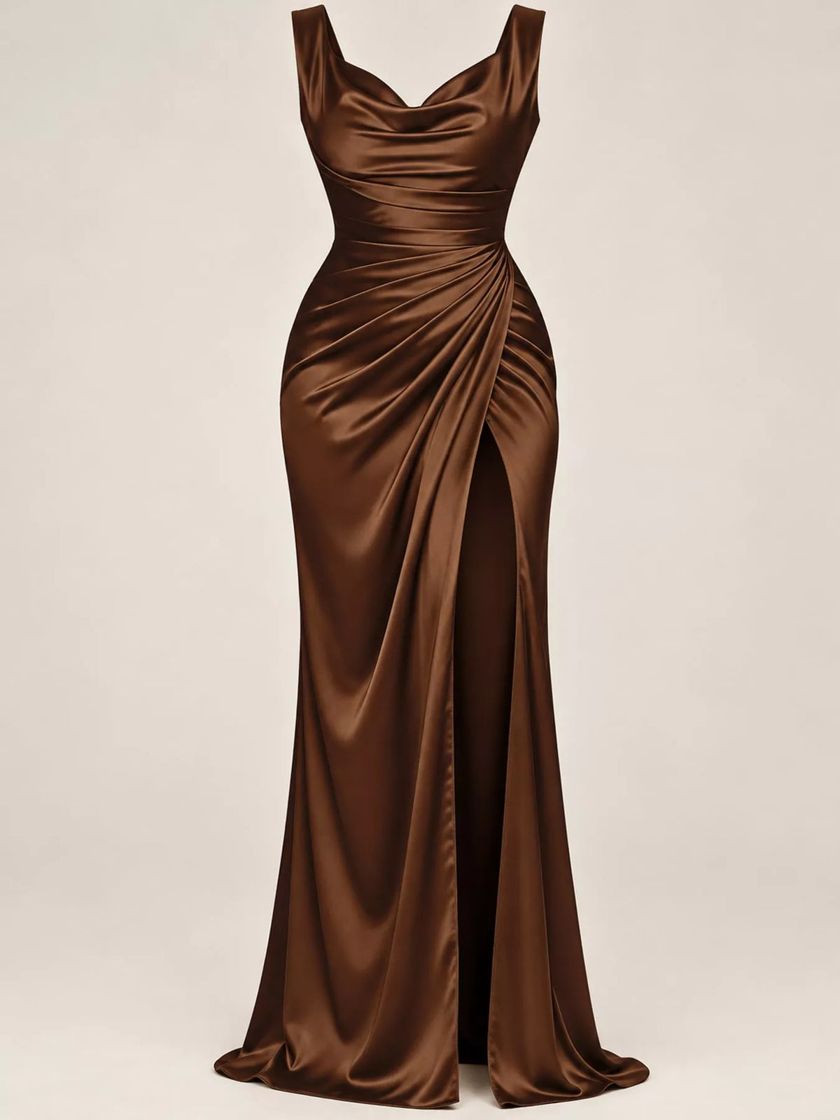 Brown satin cowl neck high slit maxi dress, front view