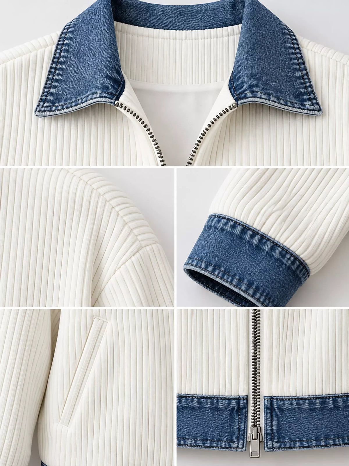 Cream denim-collar ribbed knit zip-up jacket — design and construction details
