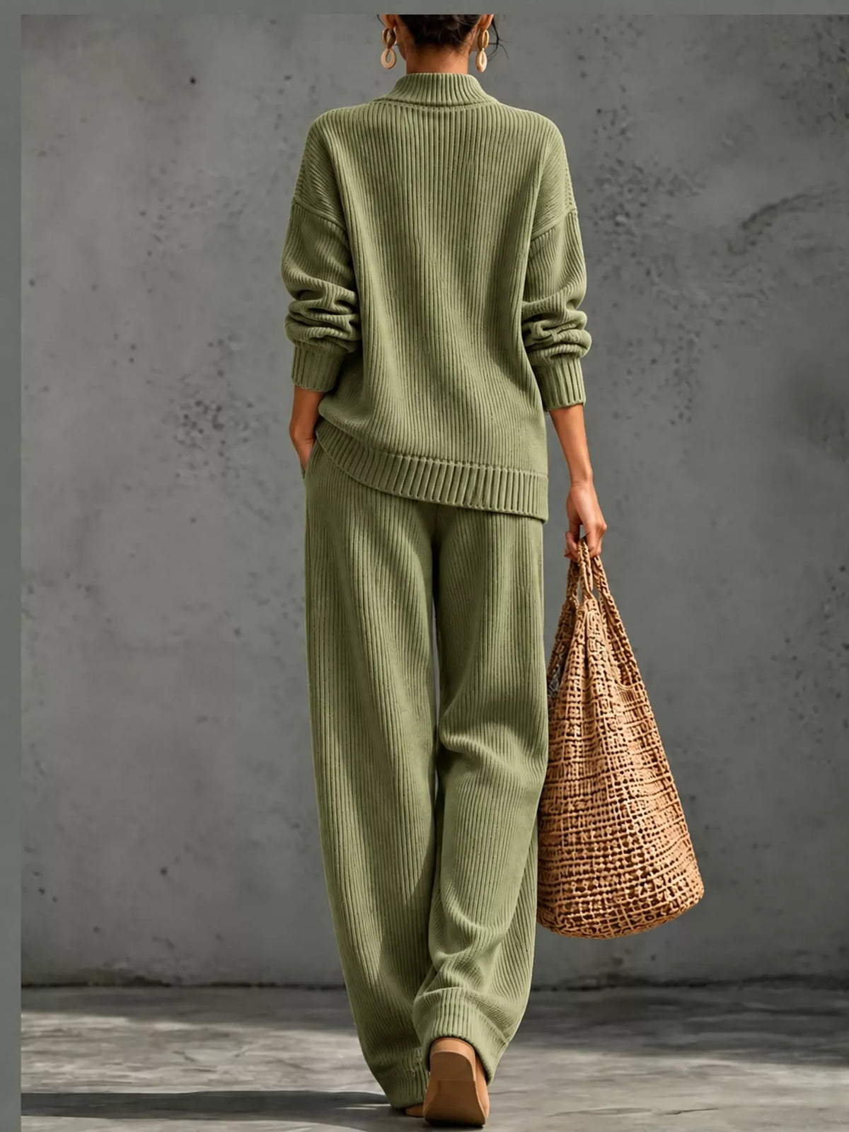 V-Neck Wrap Sweater and Wide-Leg Pants Set — back view