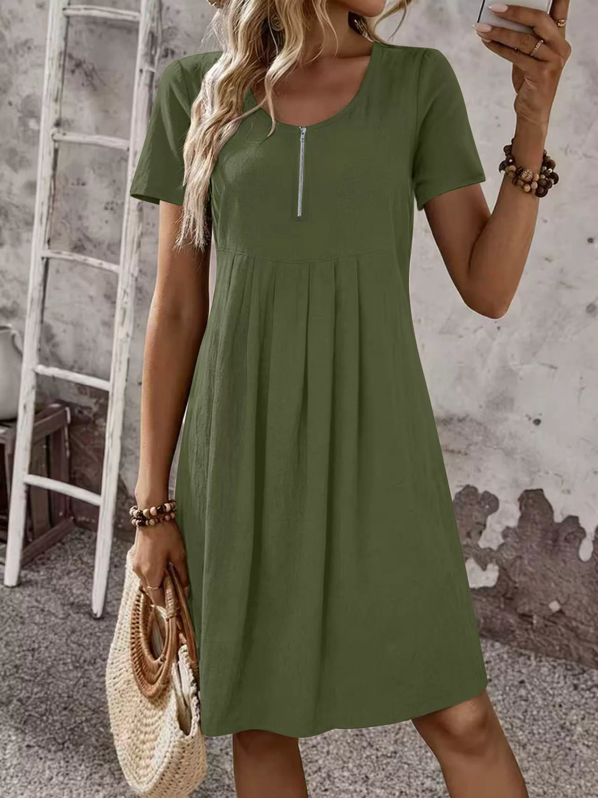 Trendsi Zipper-Front Short Sleeve A-Line Dress -