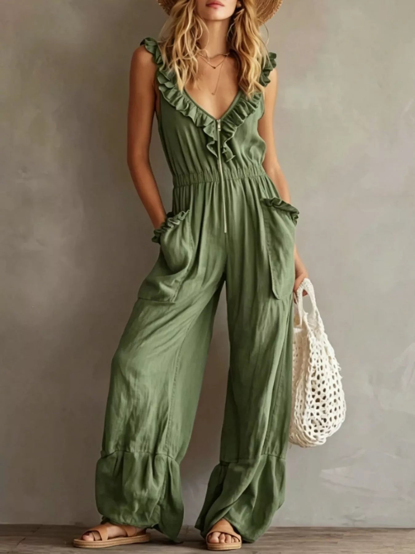 Trendsi Ruffled V-Neck Wide Leg Jumpsuit -