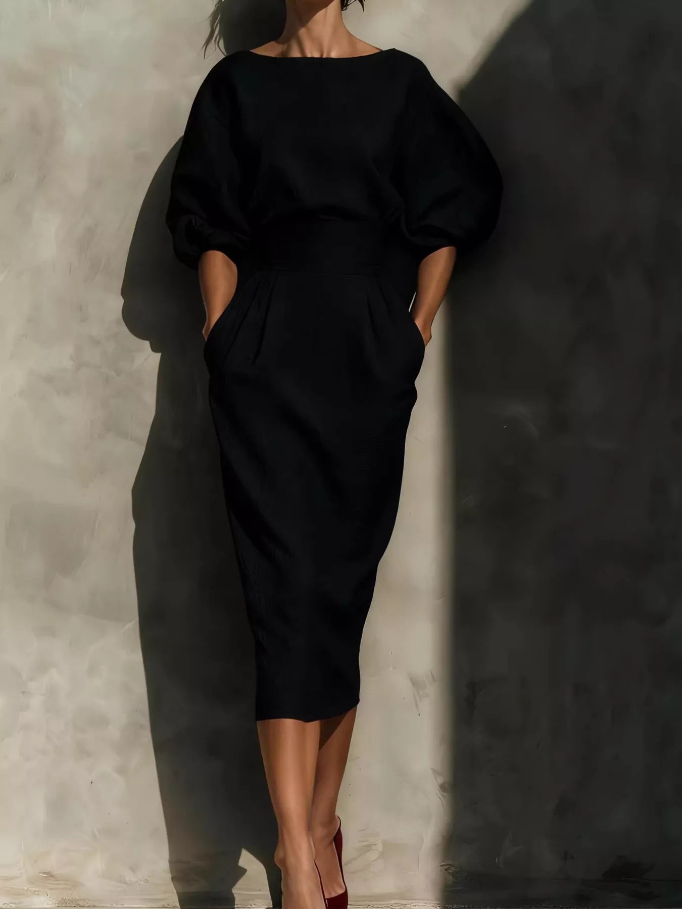 Trendsi Full Size Round Neck Puff Sleeve Midi Dress Plus Size -